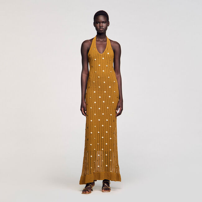 Vestido largo de punto con flecos